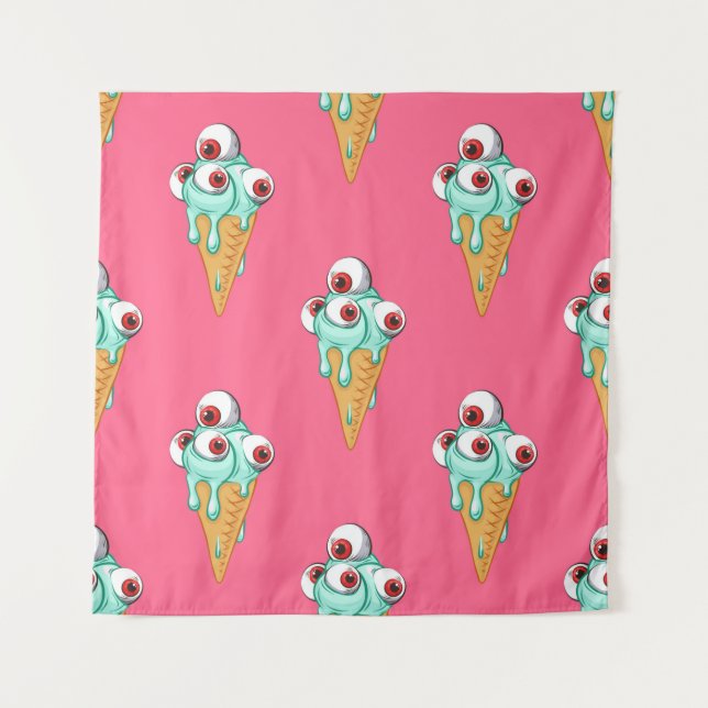 Blue ice cream with eyes. Pink background. Seamles Tapestry (Front)