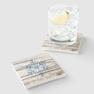 Blue Ice Crystal on Faux Weathered Wood Texture Stone Coaster