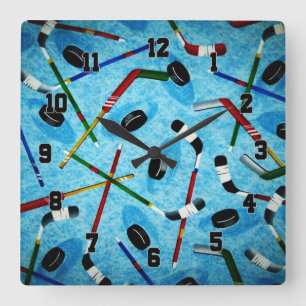 Blue Ice Hockey Theme Square Wall Clock