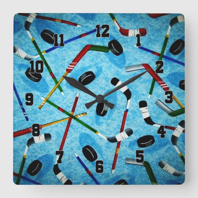Blue Ice Hockey Theme Square Wall Clock (Front)