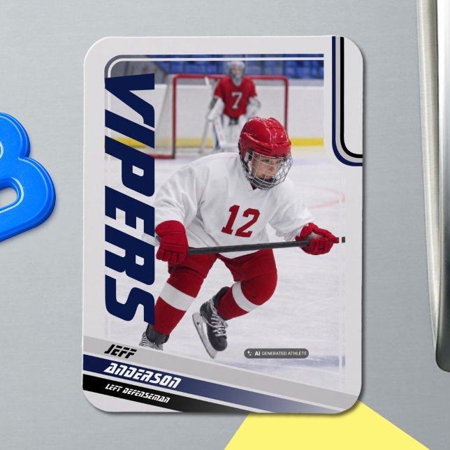Blue Ice Hockey Trading Card Magnet (Ice Hockey Trading Card Magnet: Dynamic blue design with green & black stripes. Perfect for kids!)
