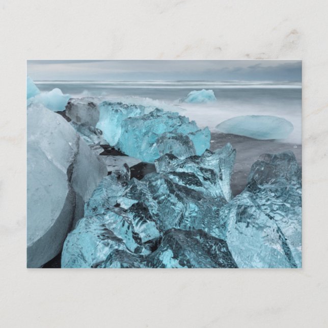 Blue ice on beach seascape, Iceland Postcard (Front)