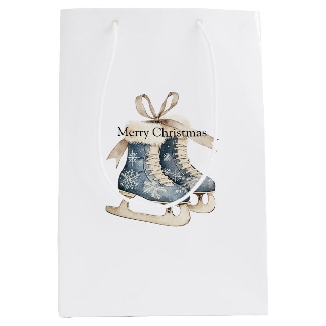 Blue Ice Skates Snowflakes Christmas Medium Gift Bag (Front)