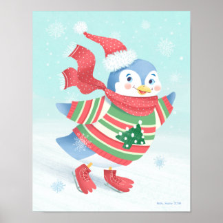 Blue Ice Skating Penguin Art Print