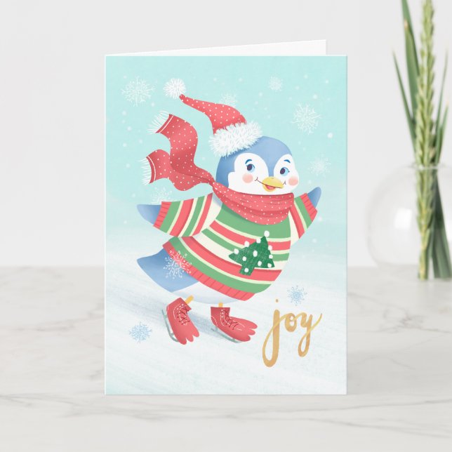 Blue Ice Skating Penguin Christmas Card (Front)