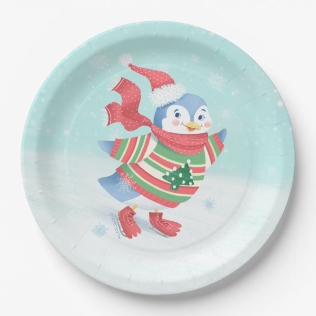 Blue Ice Skating Penguin Paper Plate (Front)