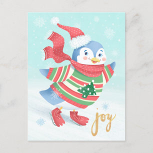 Blue Ice Skating Penguin Postcard