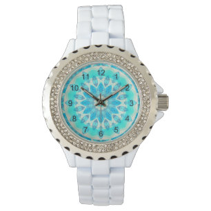 Blue Ice Star, Abstract Aqua Turquoise Mandala Watch