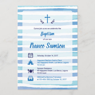 Blue Icons on Nautical Stripes Baptism Invitation