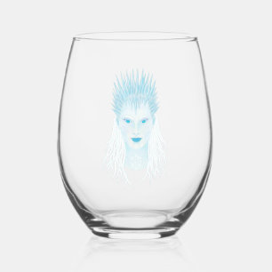 Blue icy winter queen with icicle crown stemless wine glass