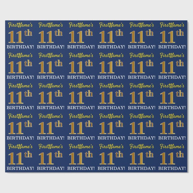 Blue, Imitation Gold Look "11th BIRTHDAY" Wrapping Paper (Flat)