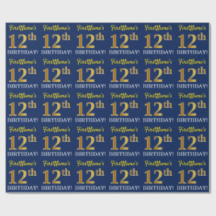 Blue, Imitation Gold Look "12th BIRTHDAY" Wrapping Paper