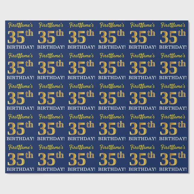 Blue, Imitation Gold Look "35th BIRTHDAY" Wrapping Paper (Flat)