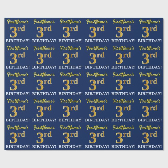 Blue, Imitation Gold Look "3rd BIRTHDAY" Wrapping Paper (Flat)