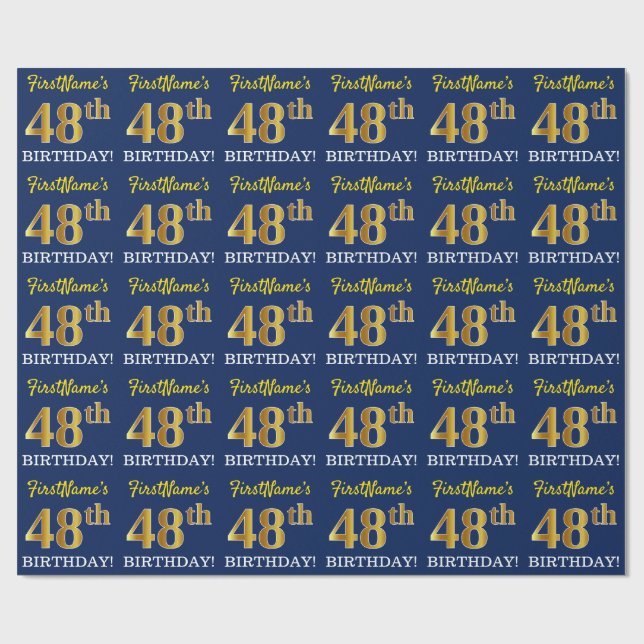 Blue, Imitation Gold Look "48th BIRTHDAY" Wrapping Paper (Flat)