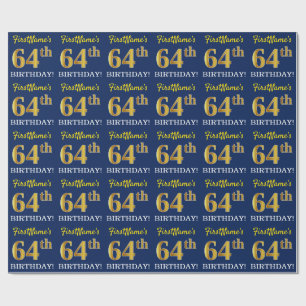 Blue, Imitation Gold Look "64th BIRTHDAY" Wrapping Paper