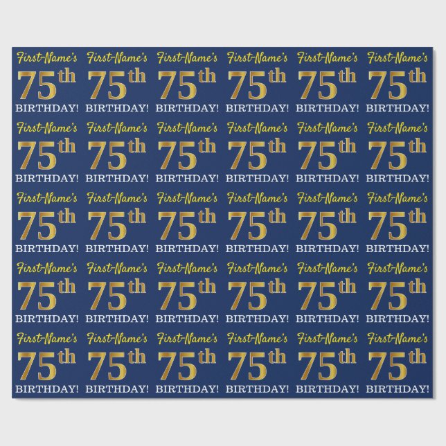 Blue, Imitation Gold Look "75th BIRTHDAY" Wrapping Paper (Flat)