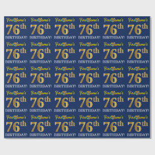 Blue, Imitation Gold Look "76th BIRTHDAY" Wrapping Paper
