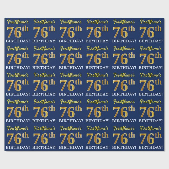 Blue, Imitation Gold Look "76th BIRTHDAY" Wrapping Paper (Flat)