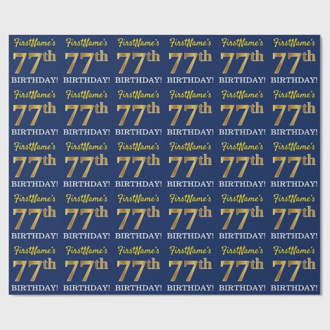 Blue, Imitation Gold Look "77th BIRTHDAY" Wrapping Paper (Flat)
