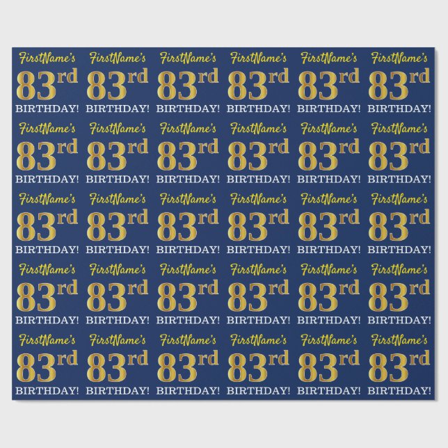 Blue, Imitation Gold Look "83rd BIRTHDAY" Wrapping Paper (Flat)