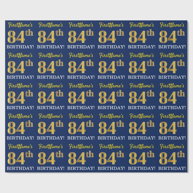 Blue, Imitation Gold Look "84th BIRTHDAY" Wrapping Paper (Flat)