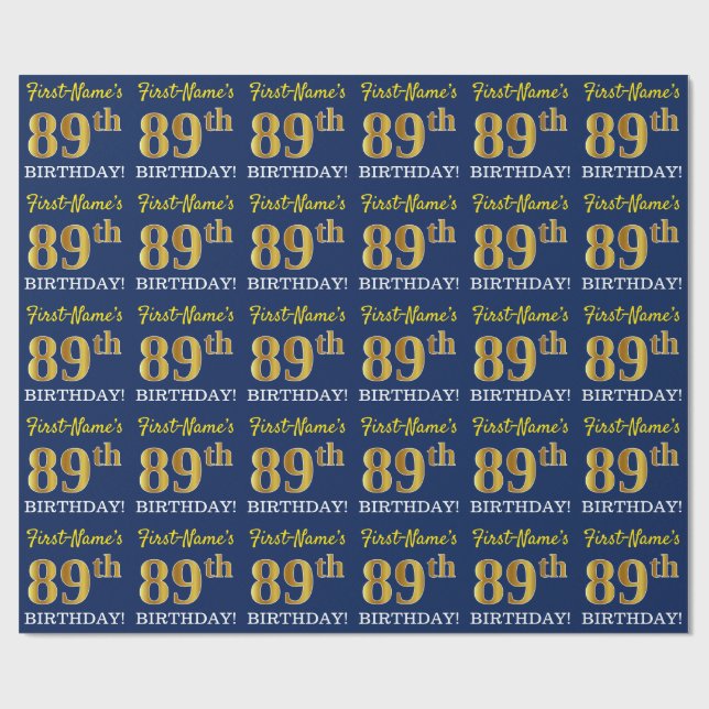Blue, Imitation Gold Look "89th BIRTHDAY" Wrapping Paper (Flat)
