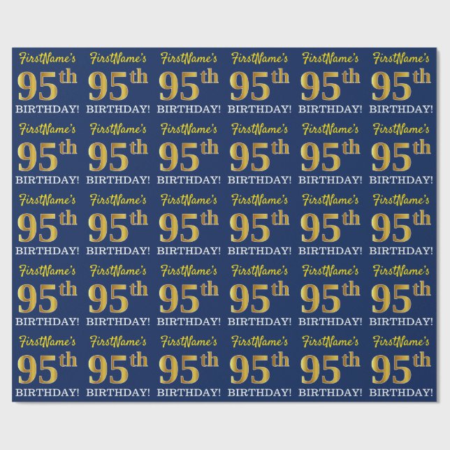 Blue, Imitation Gold Look "95th BIRTHDAY" Wrapping Paper (Flat)