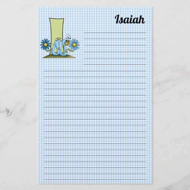 Blue Inch Worm Mongram Letter I Gingham Lined Stationery (Front)