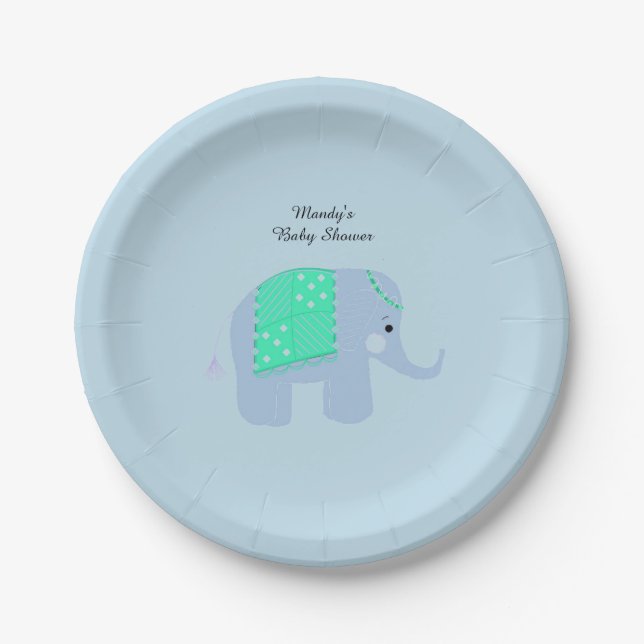 Blue Indian Elephant Baby Shower Paper Plate (Front)