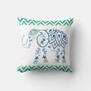 Blue Indian Elephant Green & Blue Chevron Design Cushion