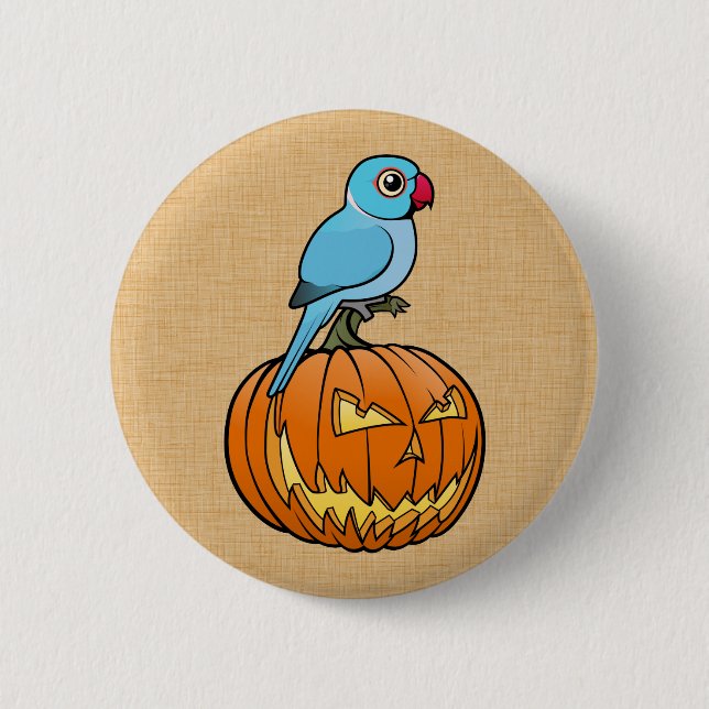 Blue Indian Ringneck on Pumpkin Halloween 6 Cm Round Badge (Front)