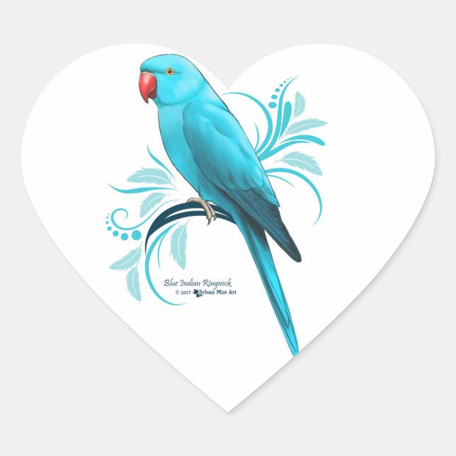 Blue Indian Ringneck Parrot Heart Sticker (Front)
