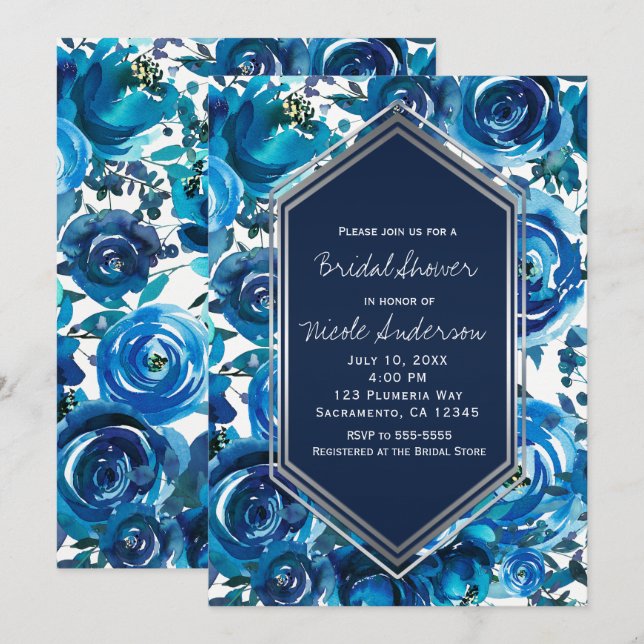 Blue Indigo Floral Flowers Elegant Bridal Shower Invitation (Front/Back)