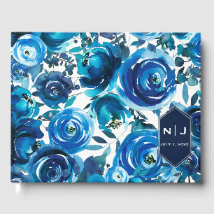 Blue Indigo Floral Flowers Elegant Chic Wedding Guest Book