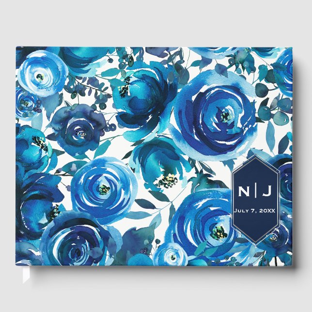 Blue Indigo Floral Flowers Elegant Chic Wedding Guest Book (Front)