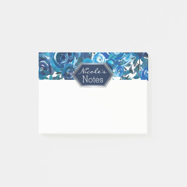 Blue Indigo Floral Flowers Elegant Chic Wedding Post-it Notes (Front)