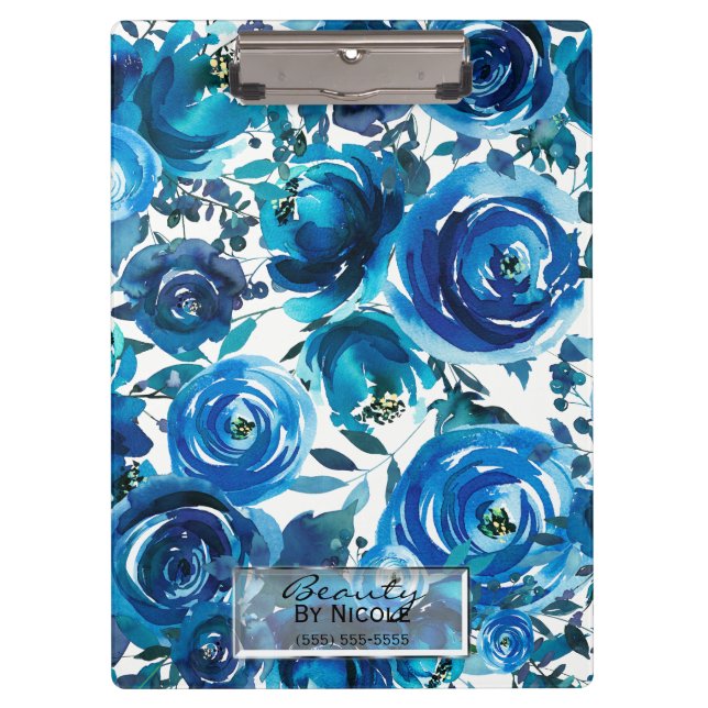 Blue Indigo Floral Flowers Elegant Personalised Clipboard (Front)