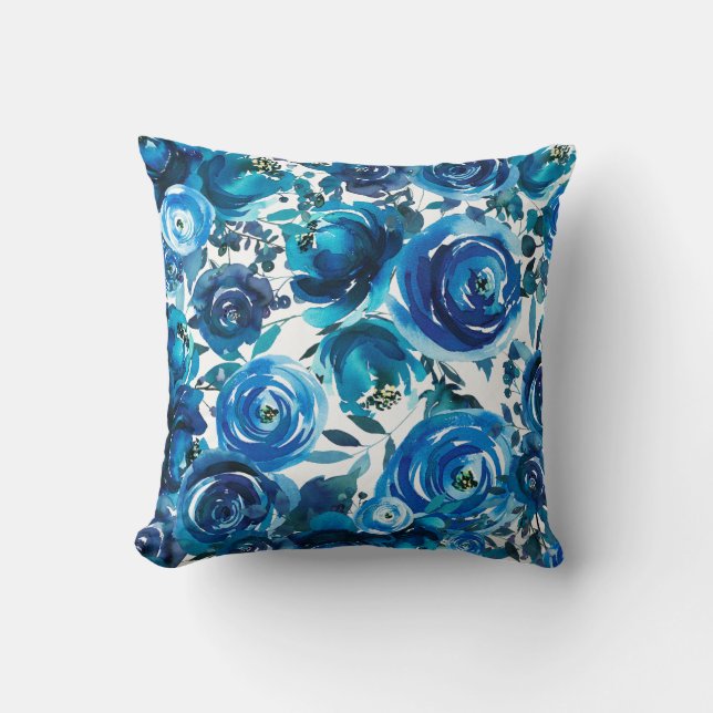 Blue Indigo Floral Flowers Elegant Shabby Chic Cushion (Front)