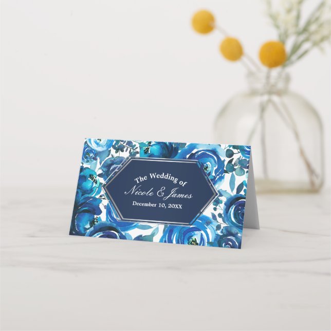 Blue Indigo Floral Flowers Wedding Table Seat Place Card (Front)