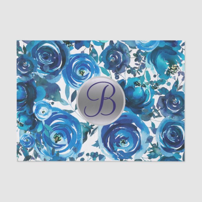 Blue Indigo Floral Monogram Letter Initial Tissue Paper (Front)