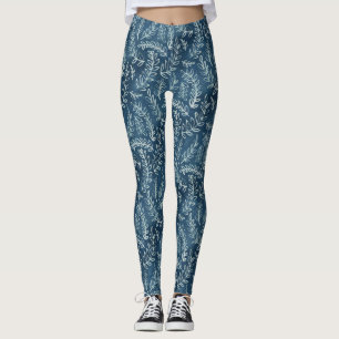 Blue Indigo Leaves Twigs Pattern Leggings