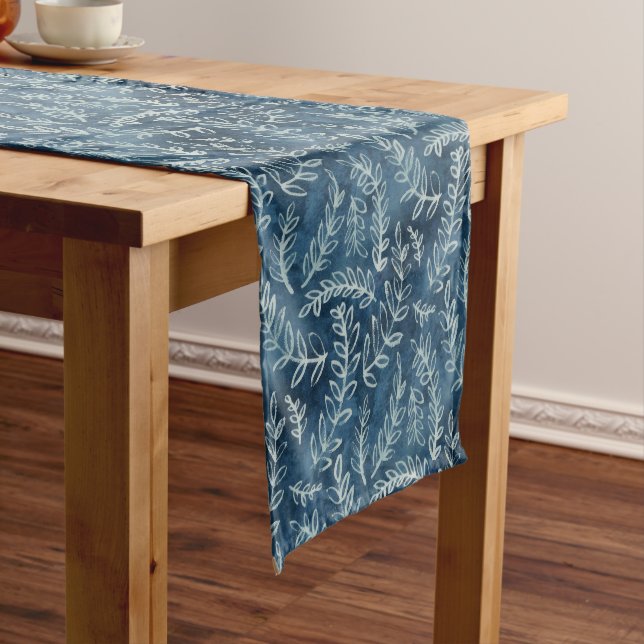 Blue Indigo Leaves Twigs Pattern Short Table Runner (In Situ)