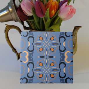 Blue Indigo Orange Bohemian Ethnic Mosaic Pattern Tile