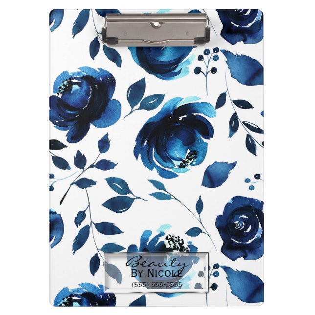Blue Indigo Shabby Chic Glam Floral Personalised Clipboard (Front)