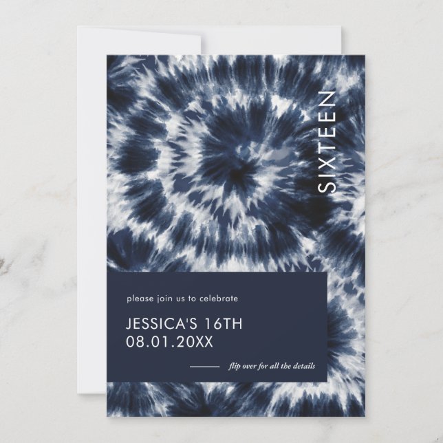 Blue Indigo Shibori Tie Dye Sweet 16 Invitation (Front)