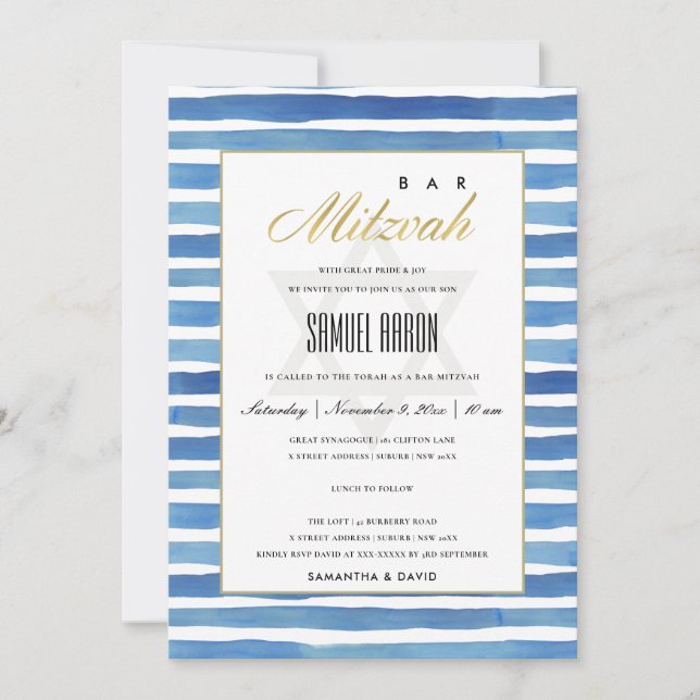 BLUE INDIGO STRIPES PATTERN BAT BAR MITZVAH INVITE (Front)