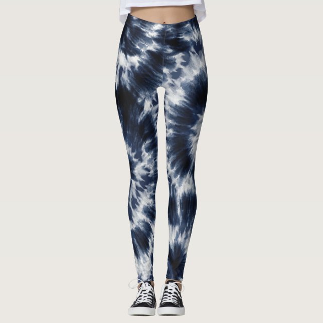 Blue Indigo Tie Dye Shibori Boho Pattern Leggings (Front)
