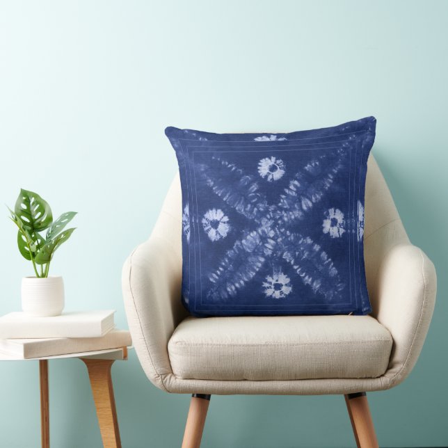 Blue Indigo Tie Dye Shibori Flower Throw Pillow (Chair)