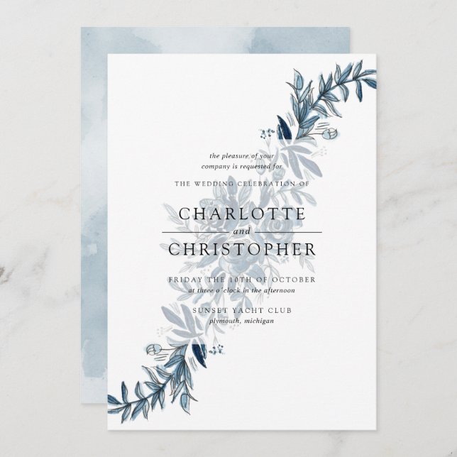 Blue indigo watercolor flower arrangement wedding invitation (Front/Back)